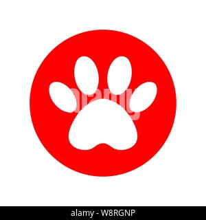 Cat paw footprint in heart. Vector. Love Cats. Animals, Pets, Puppies,  Kittens, Dogs . Red heart with cat white paw print inside. Symbol of love.  Postcard, emblem, icon, print, cover, sticker, t