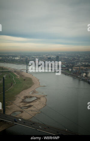 Look on the Rhine river and Dusseldorf from radio tower, look from above Stock Photo