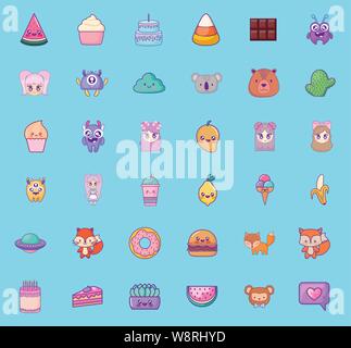 cute set icons style kawaii vector illustration design Stock Vector