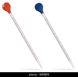 Measured laboratory pipettes. Glass tubes with rubber bulbs. Special laboratory tool. Vector Stock Vector