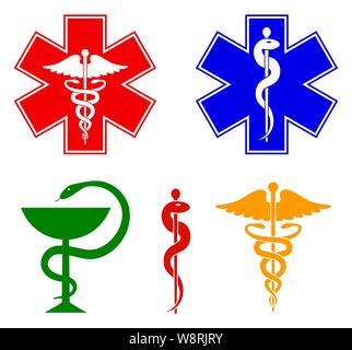 Medical international symbols set. Star of life, staff of Asclepius, caduceus, bowl with a snake. Isolated symbols on white background. Vector Stock Vector