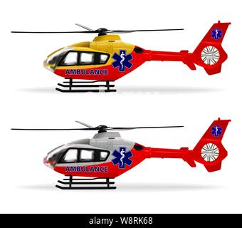 Helicopter emergency ambulance. Air ambulance. Small copters with different coloring. Realistic isolated objects on white background. Vector Stock Vector
