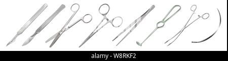 Set of surgical instruments. Scalpels, Liston s amputation knife, straight scissors, clamp mosquito with clasp, anatomical tweezers, Folkmann s Stock Vector