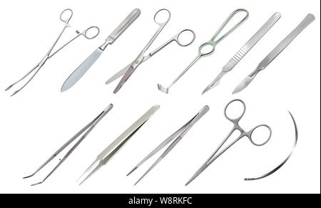 Set of surgical instruments. Different types of tweezers, scalpels, Liston s amputation knife, clip with fastener, straight scissors, Folkmann s Stock Vector