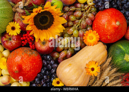 Flat lay bright composition with fresh autumn fruits and vegetables, decorated with flowers. Concept of autumn sale, organic market, harvest festival Stock Photo