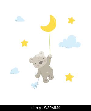 Cute bear is flying in a moon balloon cartoon flat vector illustration for kids. Perfect for t-shirt print, nursery textile, kids wear fashion design, baby shower invitation card. Stock Vector