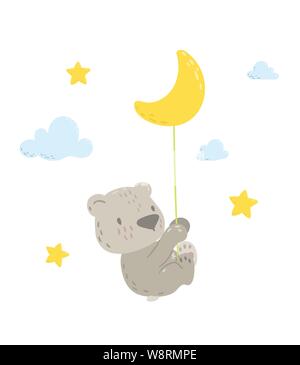 Cute bear is flying in a moon balloon cartoon flat vector illustration for kids. Perfect for t-shirt print, nursery textile, kids wear fashion design, baby shower invitation card. Stock Vector