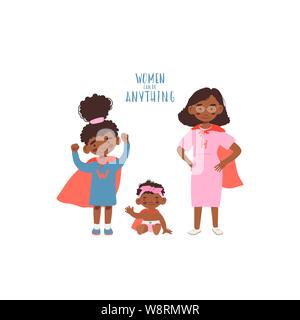 Vector flat style illustration. Set of cartoon characters cute african girls and woman in superheroes costume. Feminism concept – women can do anything for party, invitations, web, print. Stock Vector