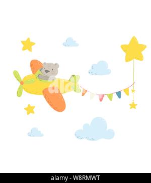 Cute bear in the airplane. Cartoon flat vector illustration for kids. Perfect for t-shirt print, nursery textile, kids wear fashion design, baby shower invitation card. Stock Vector