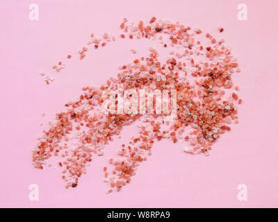 Scattering of pink himalayan salt crystals on a pastel pink background. Himalayan salt is used in cooking, medicine and cosmetology. Top view. Stock Photo