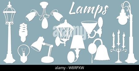lamp, floor lamp, wall lamp. Vector illustration. Set of paper lamp stickers. Laser cut. Set template for laser cutting and Plotter. Vector illustrati Stock Vector