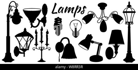 lamp, floor lamp, wall lamp. Vector illustration. Set of paper lamp stickers. Laser cut. Set template for laser cutting and Plotter. Vector illustrati Stock Vector