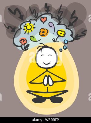 Meditating stickman usual head and an aura thinking positive colored dark background by jziprian Stock Vector