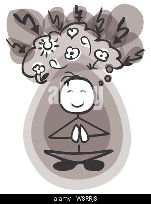 Meditating stickman usual head and an aura thinking positive black and white by jziprian Stock Vector