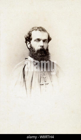 [ 1860s Japan - French Priest Bernard-Thadée Petitjean ] —   Portrait of French priest Bernard-Thadée Petitjean (ベルナール・プティジャン, 1829-1884), In 1865 (Keio 1), he discovered that almost all the villagers of Urakami (浦上) in Nagasaki were Christians. These are now known as Kakure Kirishitan (隠れキリシタン, Hidden Christians).  Photographed at the Trinquart studio in Paris, France. On the back is the date March 28, 1868 (Keio 4).  19th century vintage albumen photograph. Stock Photo