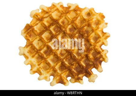 Appetizing Viennese waffle isolated on white background, sweet pastry, round waffle with square pattern crispy, close-up, top view Stock Photo