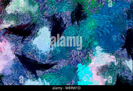 Oil pastel drawing. Abstract color background. Fine art print. Impressionism style abstraction. Modern surrealism painting. Good as wall decor poster. Stock Photo