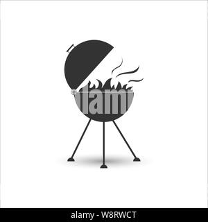Grill icon for frying meat with fire, simple flat design. Stock Vector