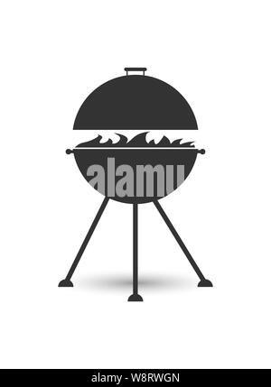 Grill icon for frying meat with fire, simple flat design. Stock Vector