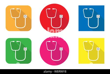Two medical stethoscopes on a colored round and square background, long shadow. Stock Vector