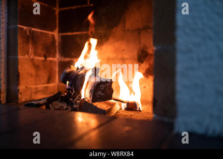 Close up shot of burning firewood in the fireplace. Stock Photo
