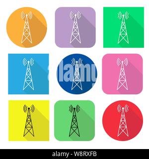 Icon set with transmitter, repeater and receiver mast on square and round color background, long shadow, Stock Vector