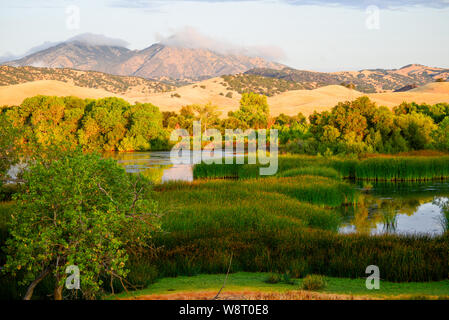 View from Marsh Creek Road overlooking Marsh Creek Reservoir filled with water and vegetation and wispy fog over Mount Diablo in the background. Stock Photo