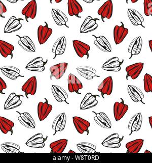 Bell pepper vector seamless pattern. Red and white pper on white background Stock Vector