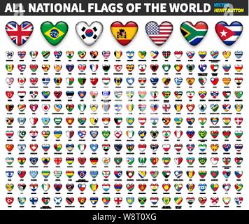 All national flags of the world . Heart button design . Vector . Stock Vector