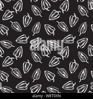 Bell pepper vector seamless pattern. Black background with white contour pepper Stock Vector