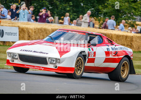 1974 Lancia Stratos rally car with driver Alessandro Carrara at the 2019 Goodwood Festival of Speed, Sussex, UK. Stock Photo