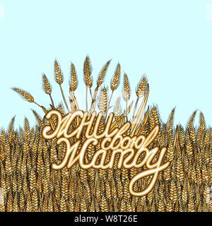 abstract vector cartoon doodle wheat background with russian lettering reap your harvest Stock Vector