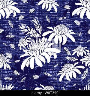 Vector blue seamless fabric texture with torch ginger tropical flower pattern. Canvas for embroidery. Suitable for textile, gift wrap and wallpaper. Stock Vector