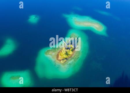 Maximilian Island in Eibsee lake, near Grainau, Werdenfelser Land, aerial view, Upper Bavaria, Bavaria, Germany Stock Photo