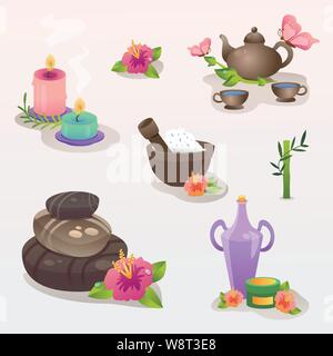 Spa Icon Set. Spa set with spa stones and salt and tea and aroma candles and aroma oils and natural masks. Stock Vector