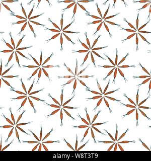 Flower shaped carrot seamless pattern. Vector graphics. Colorful carrots on a white background Stock Vector