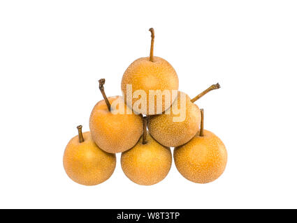 Pyramid formed by fresh Nashi or Asian pears isolated on white background. Pyrus pyrifolia, rare type of fruit. Stock Photo