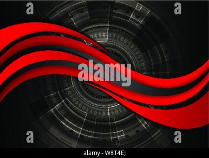 Bright red waves on dark technology gear shapes background. Vector modern corporate design Stock Vector