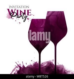 Illustration of two wine glasses with red wine stains, vector. Full glass, no people. Splashes of wine, liquid, drops, circles of glass. Drawing for w Stock Vector