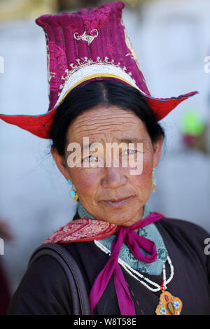 Woman with traditional dress at the inaugural procession of the annual Ladakh Festival in Leh, India. Stock Photo