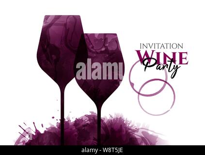 Illustration of two wine glasses with red wine stains, vector. Full glass, no people. Splashes of wine, liquid, drops, circles of glass. Drawing for w Stock Vector