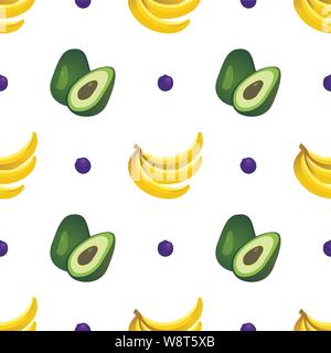 Summer fruits and berries set of vector illustrations isolated on background in flat design. Summertime concept illustration with avocado, banana, blu Stock Vector