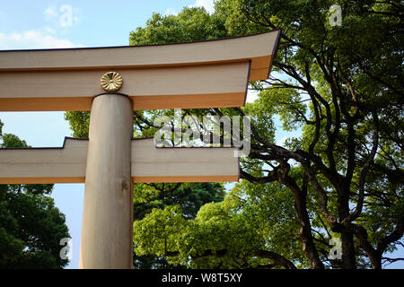 Tokyo / Japan - August 1st 2019: Torii gate at the entrance to the Meiji shinto shrine in Yoyogi park, Tokyo Stock Photo