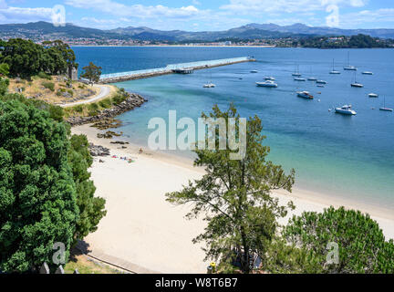 Looking from Monterreal castle across the bay at Baiona with the Praia da Barbeira in the foreground. Pontevedra Province, Southern Galicia, Spain Stock Photo