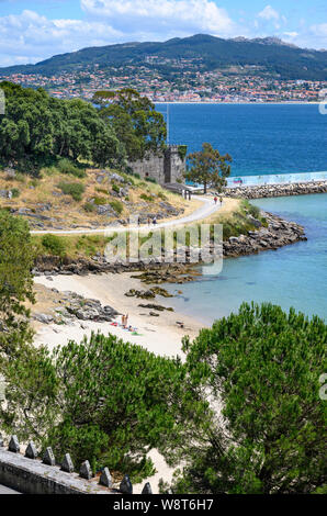 Looking from Monterreal castle across the bay at Baiona with the Praia da Barbeira in the foreground. Pontevedra Province, Southern Galicia, Spain Stock Photo