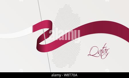 Vector illustration of abstract radial dotted halftone map of Qatar and wavy ribbon with Qatari national flag colors for your design Stock Vector