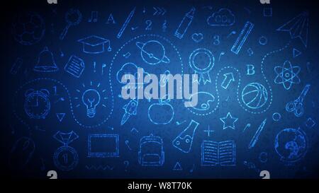 Back to School background. Vector illustration of abstract blue background with different line icons and school pattern for your design Stock Vector