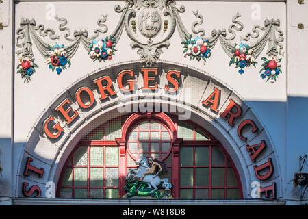 Entrance to St George's Arcade, built in 1912 as a cinema (second largest in the UK) and now used as a shopping arcade, Famouth, Cornwall, England, UK. Stock Photo