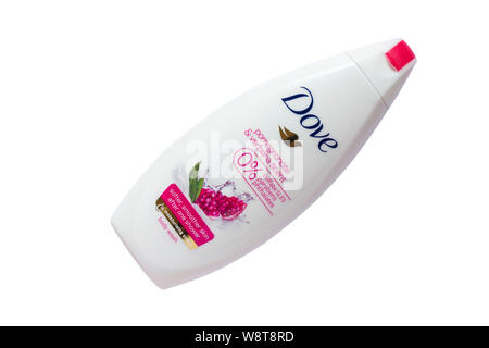 Bottle of Dove pomegranate & verbena scent body wash bodywash moisturising cream with 0% sulfate SLES parabens phthalates isolated on white background Stock Photo