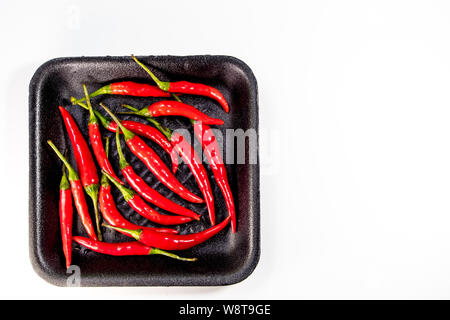 Red chili in black foam tray isolated Stock Photo